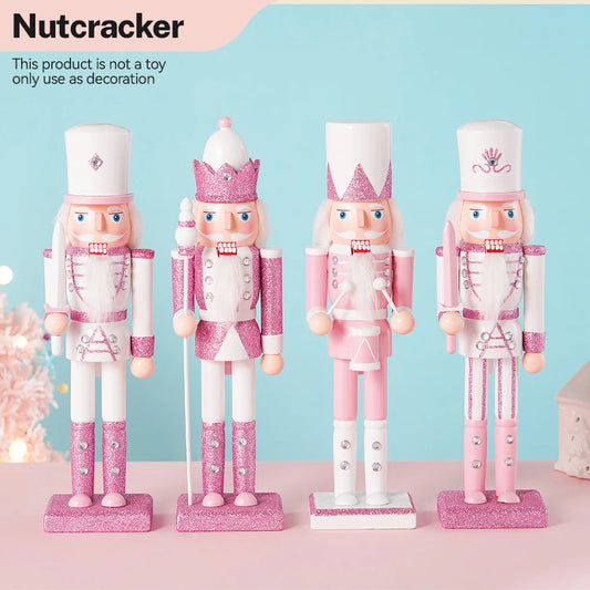 30CM Wooden Nutcracker Solider Figurine Puppet Pink Glitter Soldier Doll Toy Handcraft Ornament Christmas Home Office Decoration